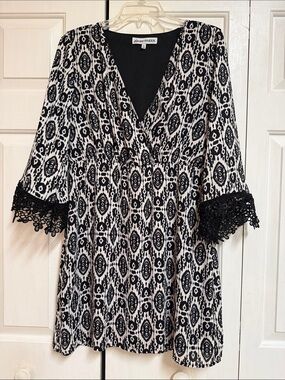 Almost Famous Black and White Crochet-Trim V-Neck Dress